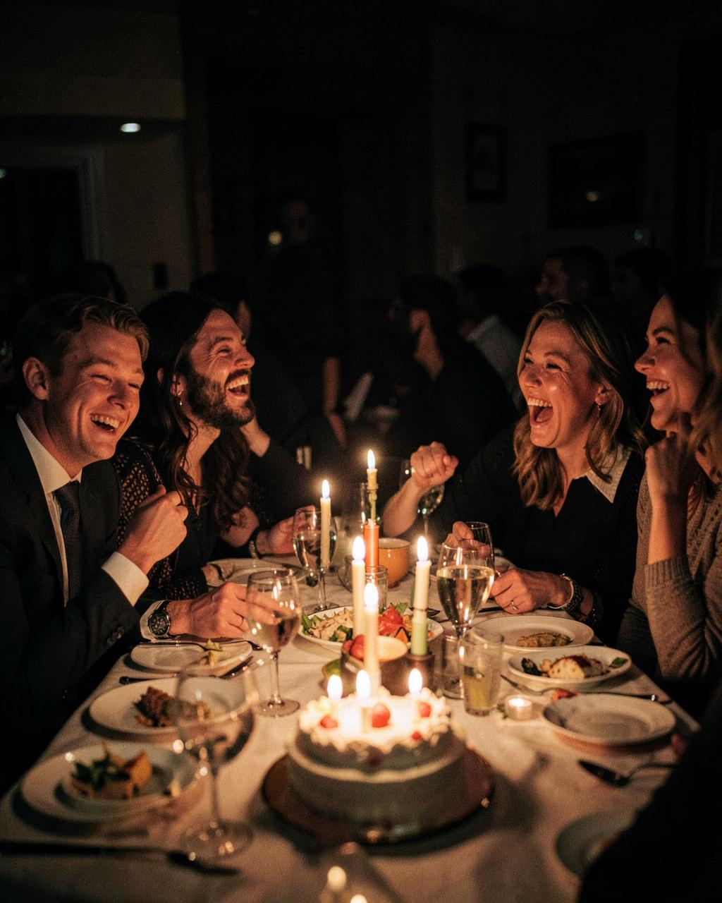 Friends laughing around a candlelit birthday dinner table
