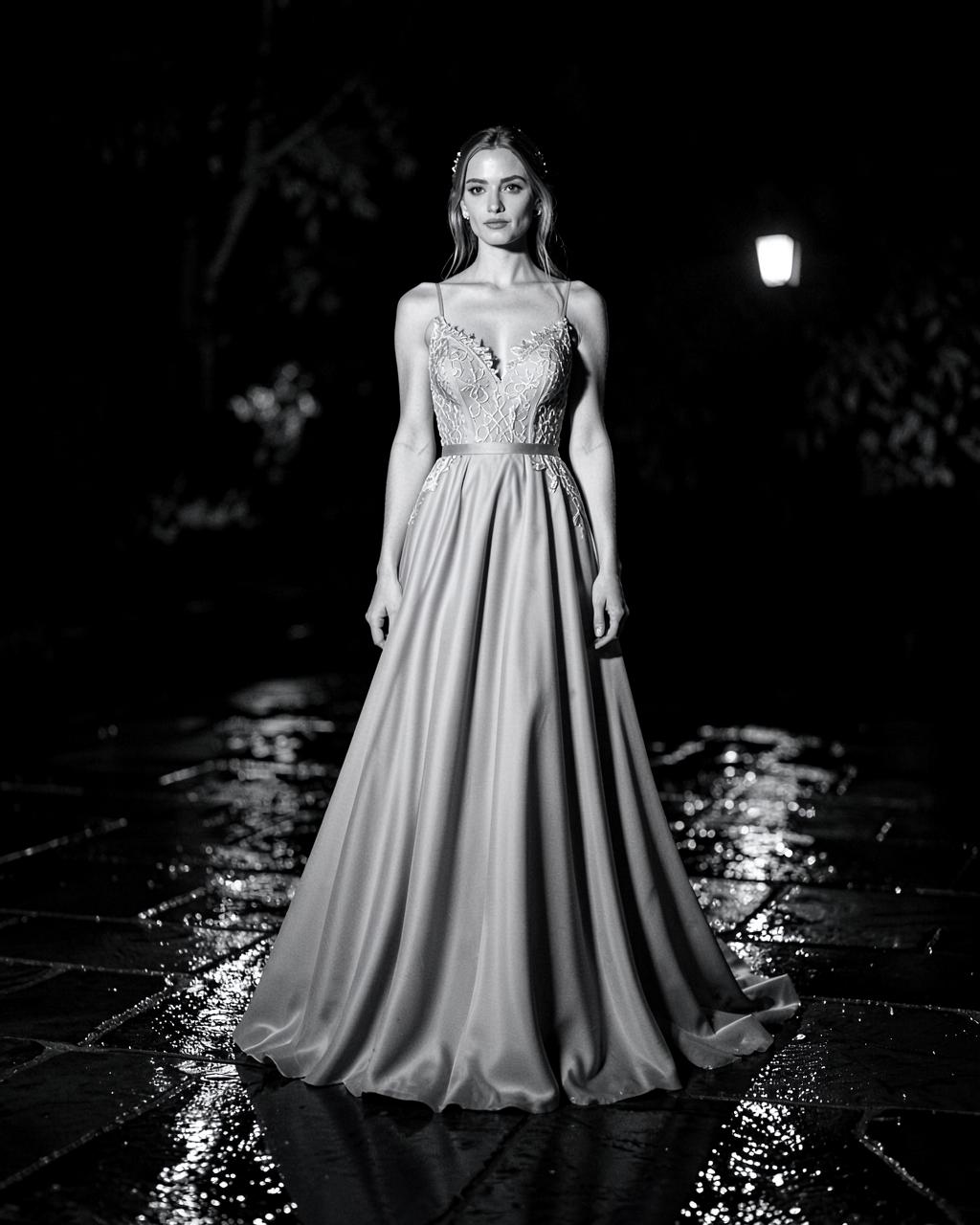 Model in a long gown standing on wet cobblestones at night