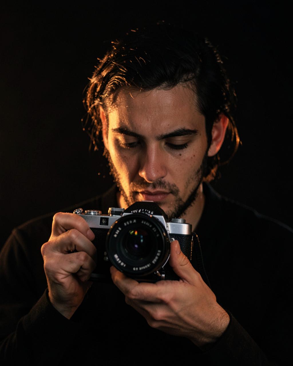 Photographer holding a vintage medium-format camera in a dark studio